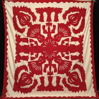 Stunning Mid - Century Red & White Hawaiian Applique Quilt Top.