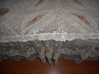 Outstanding antique Normandy lace bedspread with silk embroidery 10