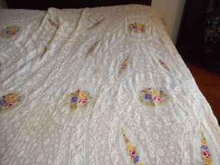 Outstanding antique Normandy lace bedspread with silk embroidery 12