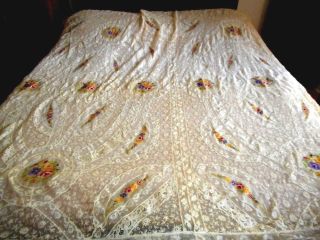 Outstanding antique Normandy lace bedspread with silk embroidery 2