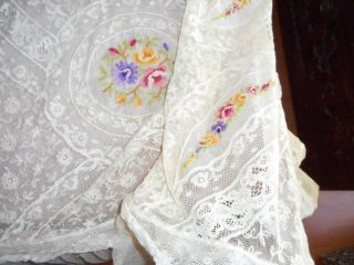 Outstanding antique Normandy lace bedspread with silk embroidery 3