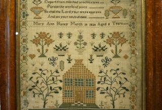 EARLY 19TH CENTURY HOUSE,  MOTIF & VERSE SAMPLER BY MARY ANN HONEY AGED 8 - 1820 10