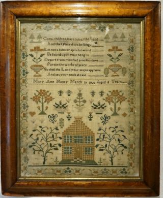 Early 19th Century House,  Motif & Verse Sampler By Mary Ann Honey Aged 8 - 1820