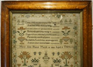 EARLY 19TH CENTURY HOUSE,  MOTIF & VERSE SAMPLER BY MARY ANN HONEY AGED 8 - 1820 2