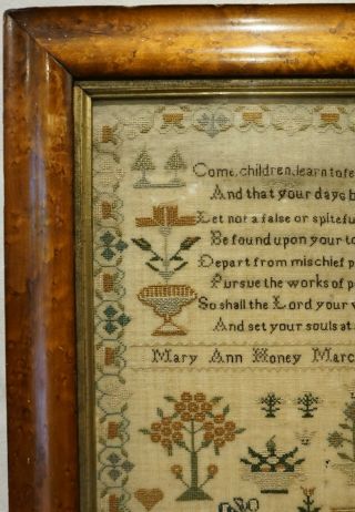 EARLY 19TH CENTURY HOUSE,  MOTIF & VERSE SAMPLER BY MARY ANN HONEY AGED 8 - 1820 4