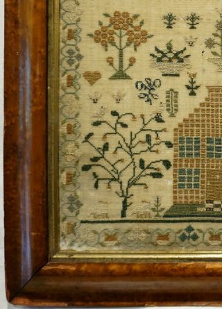 EARLY 19TH CENTURY HOUSE,  MOTIF & VERSE SAMPLER BY MARY ANN HONEY AGED 8 - 1820 6