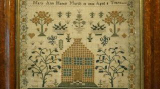 EARLY 19TH CENTURY HOUSE,  MOTIF & VERSE SAMPLER BY MARY ANN HONEY AGED 8 - 1820 8