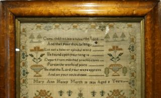 EARLY 19TH CENTURY HOUSE,  MOTIF & VERSE SAMPLER BY MARY ANN HONEY AGED 8 - 1820 9