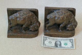 c.  1920s BRONZE BUFFALO BISON bookends signed THEODOR ULLMANN,  AUSTRIA no reser 3