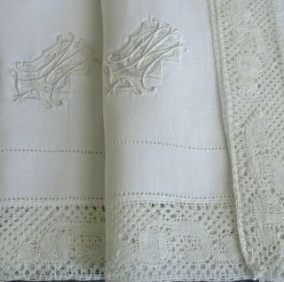 10 Fine French Linen 19 " Napkins W Point De Paris Lace Hand Embroidered Monogram
