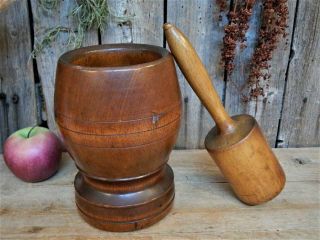 Aafa Early Antique Primitive Large Wood Mortar & Pestle Pantry Apothecary