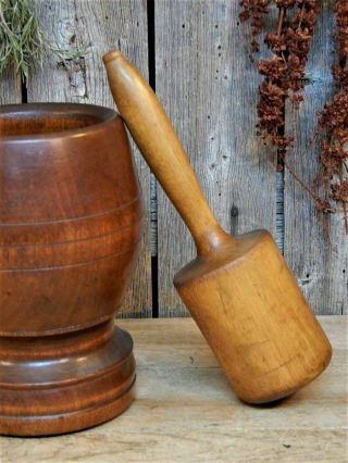 AAFA Early Antique Primitive Large Wood Mortar & Pestle Pantry Apothecary 2