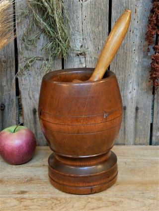 AAFA Early Antique Primitive Large Wood Mortar & Pestle Pantry Apothecary 3