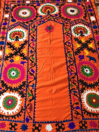 Orange Color Wall Decor Uzbek Vintage Antique Large Handmade Embroidery Suzani