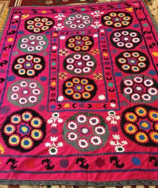 Large Old Uzbek Pink Vintage Handmade Embroidery Wall Hanging Suzani