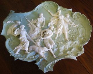 Volkstedt Porcelain Neoclassical Figure Nymphs Hunting W Dogs Plaque Germany 13 "