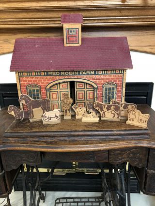 Antique Paper Litho Wooden Toy Red Robin Farm Barn Play Set