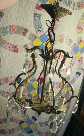 Antq Vintage Art Deco Brass Chandelier Made In Spain W/ Glass Prism 3 Sconce