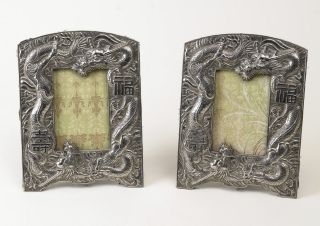 Antique Chinese White Metal Repousse Photo Frames With Dragons C1900