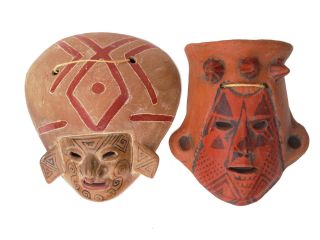 2 Pre - Columbian Figures Mexico Mask Ecuador Aztec Mayan Terracotta Statue Inca