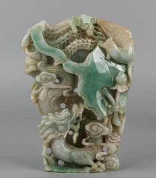 Chinese Exquisite Hand Carved Dragon Phoenix Carving Jadeite Jade Statue