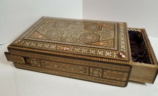 Vintage Syrian Wooden Micro Mosaic Box Secret Drawer Jewelry Box Inlaid MOP 12