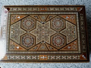 Vintage Syrian Wooden Micro Mosaic Box Secret Drawer Jewelry Box Inlaid Mop
