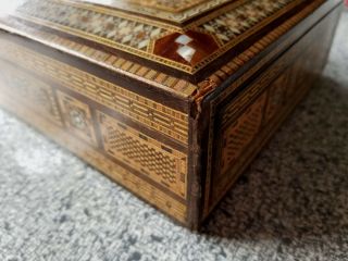 Vintage Syrian Wooden Micro Mosaic Box Secret Drawer Jewelry Box Inlaid MOP 8