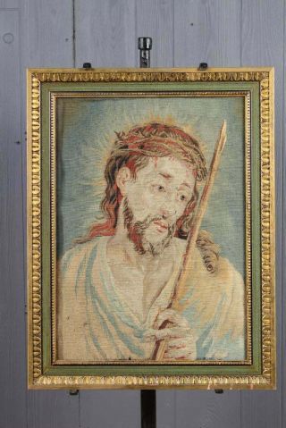 Antique 18c Religious Jesus Christ Crown Of Thorns Needlepoint Tapestry Textile