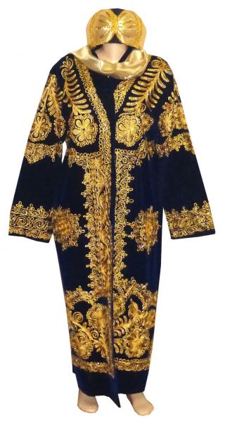 Stunning Uzbek Silk Gold Embroidered Robe Chapan & Turban Hat Bukhara A11174