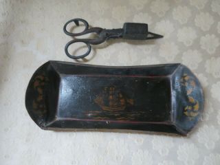 Antique Vtg Candle Wick Snuffer/trimmer Scissors Tin Toleware Tray Ship Rare