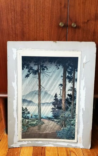 Antique Japanese Woodblock Print: Tsuchiya Koitsu,  Morning Rain At Hakone