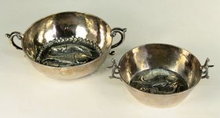 Two Antique 19th C.  Spanish Colonial Peruvian Silver Wine Testing Cups W.  Fish