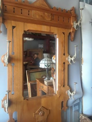ANTIQUE VICTORIAN WALNUT HALL TREE with DOUBLE BRASS LOOK HOOKS PAN AT BOTTOM 3