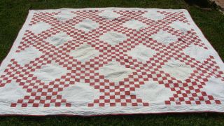 Vintage Red & White Triple Irish Chain All Hand Quilted Cotton Quilt,  93 " X85 "