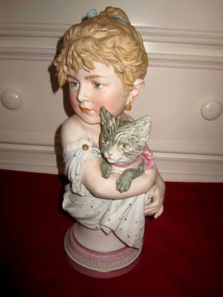 Antique German Kpm Victorian Girl With Kitten Bisque Bust Figurine 14 "