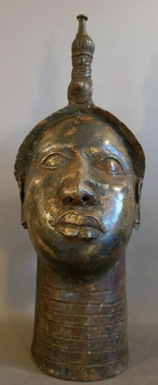 Vintage African Bronze Figural Lady Head Bust Sculpture Old Fetish Relic Statue