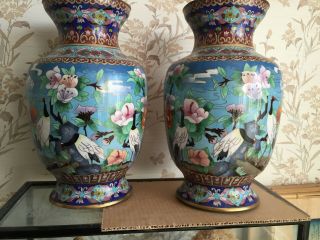 Vintage Chinese Cloisonne Crane Vases Flowers 12 1/2 "