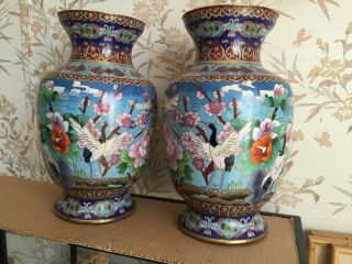 Vintage Chinese Cloisonne Crane Vases Flowers 12 1/2 