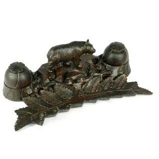 Antique Black Forest Hand Carved Wood Bear Inkwell Desk Stand
