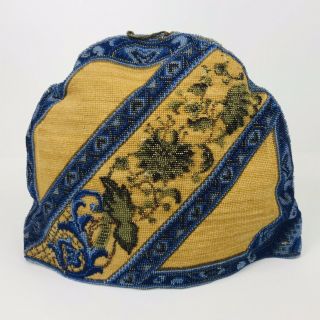 Antique Victorian Bead Beaded Needlework Padded Grape Leaves Blue Gold Tea Cozy