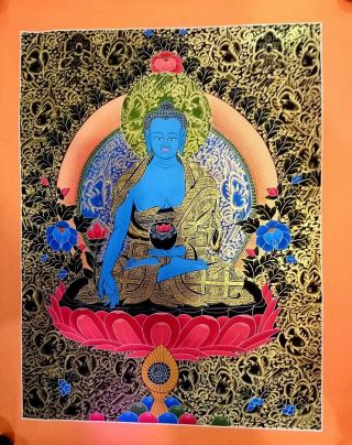 Rare Masterpiece Handpainted Tibetan Medicine Buddha Thangka Chinese Painting