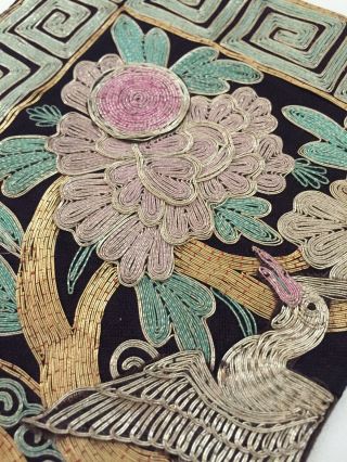 Antique Chinese Silk Robe Rank Badge Panel Gold Embroidery Bird Flowers Military 2