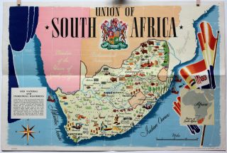 1943 Vintage Pictorial Map Union Of South Africa Natural Industrial Resources