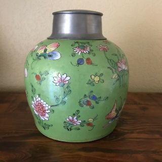 Antique Chinese Ginger Jar Vase Green Floral Painting & Colors