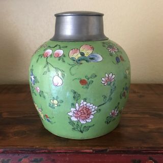 Antique Chinese GINGER JAR VASE Green Floral PAINTING & COLORS 2