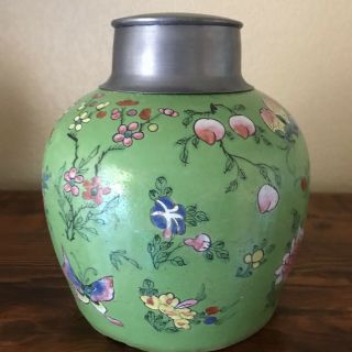 Antique Chinese GINGER JAR VASE Green Floral PAINTING & COLORS 3