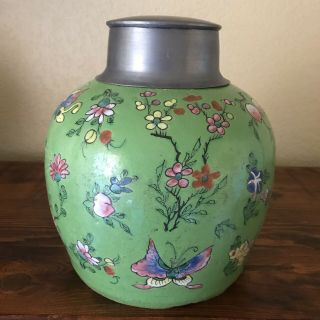 Antique Chinese GINGER JAR VASE Green Floral PAINTING & COLORS 4