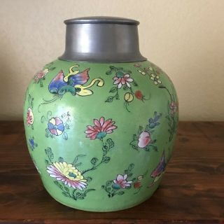 Antique Chinese GINGER JAR VASE Green Floral PAINTING & COLORS 5