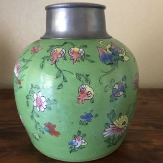 Antique Chinese GINGER JAR VASE Green Floral PAINTING & COLORS 6